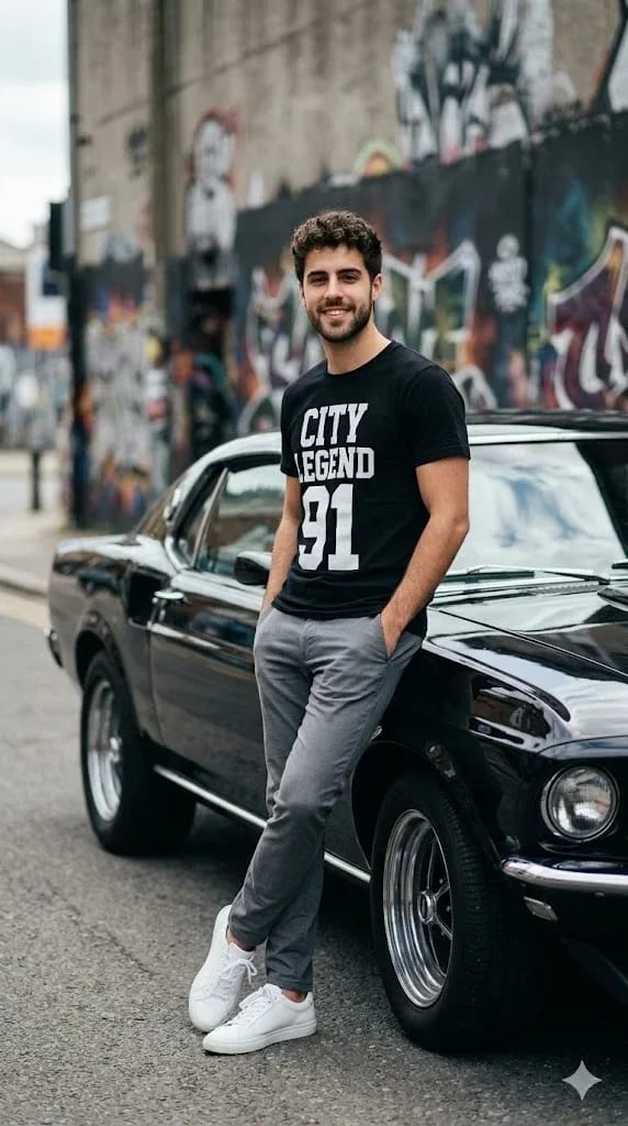 Man with black vintage muscle car