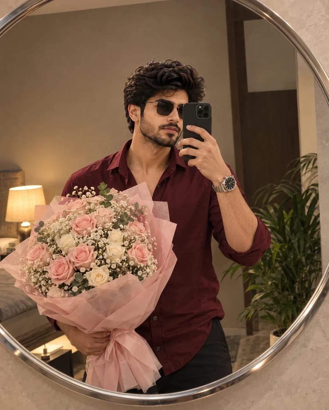 Burgundy Mirror Selfie with Roses image prompt