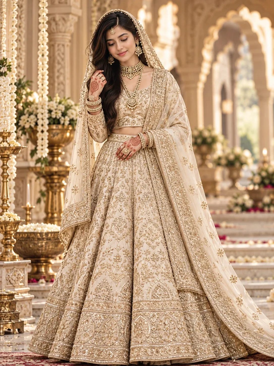 Ivory Gold Bride in a Palace Courtyard image prompt
