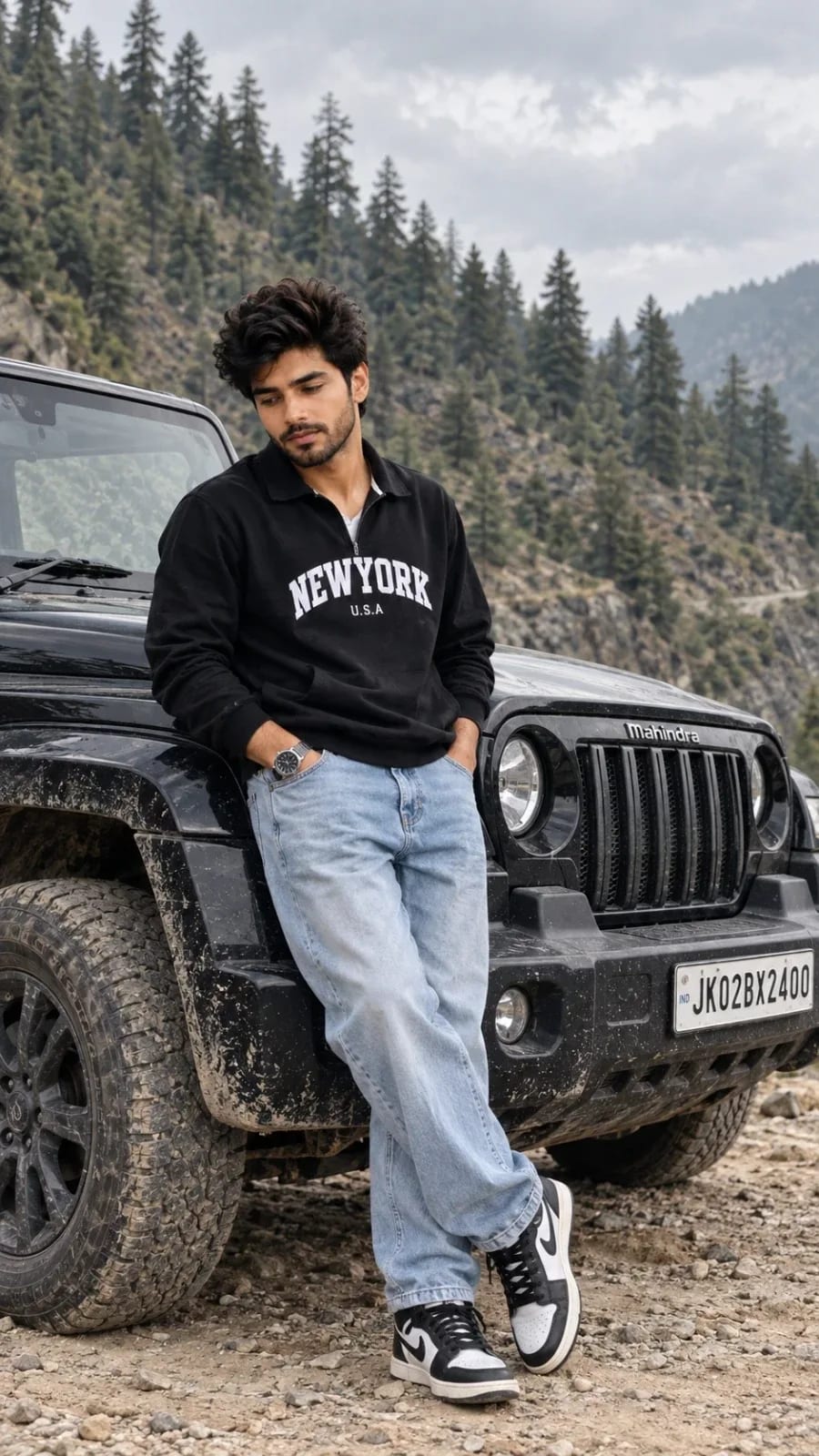 Mountain Roadside Portrait with Black SUV prompt