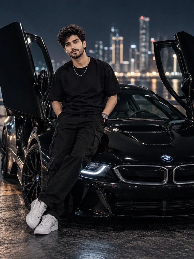 Midnight BMW i8 City Portrait with man image prompt