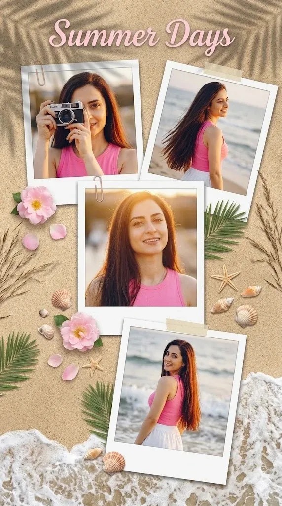Pink Beach Girl Polaroid Collage Aesthetic Style