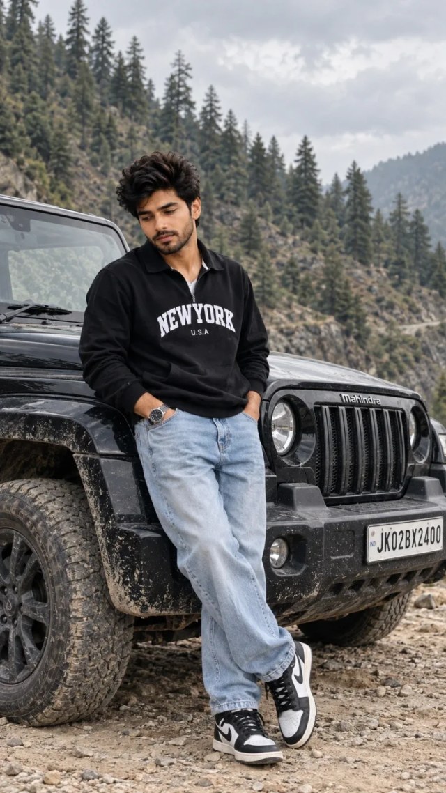 Mountain Roadside Portrait with Black SUV prompt