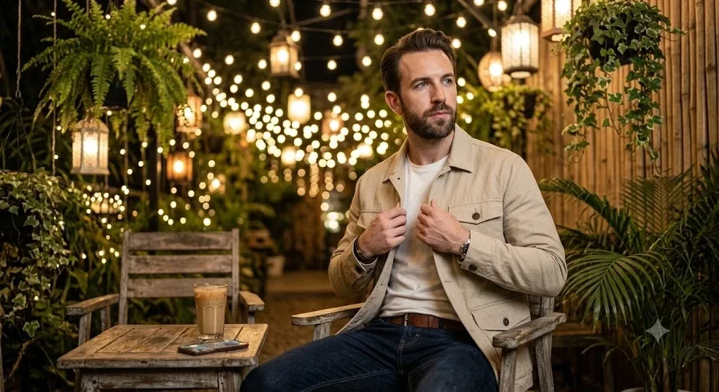 Cinematic Garden Café Editorial Portrait