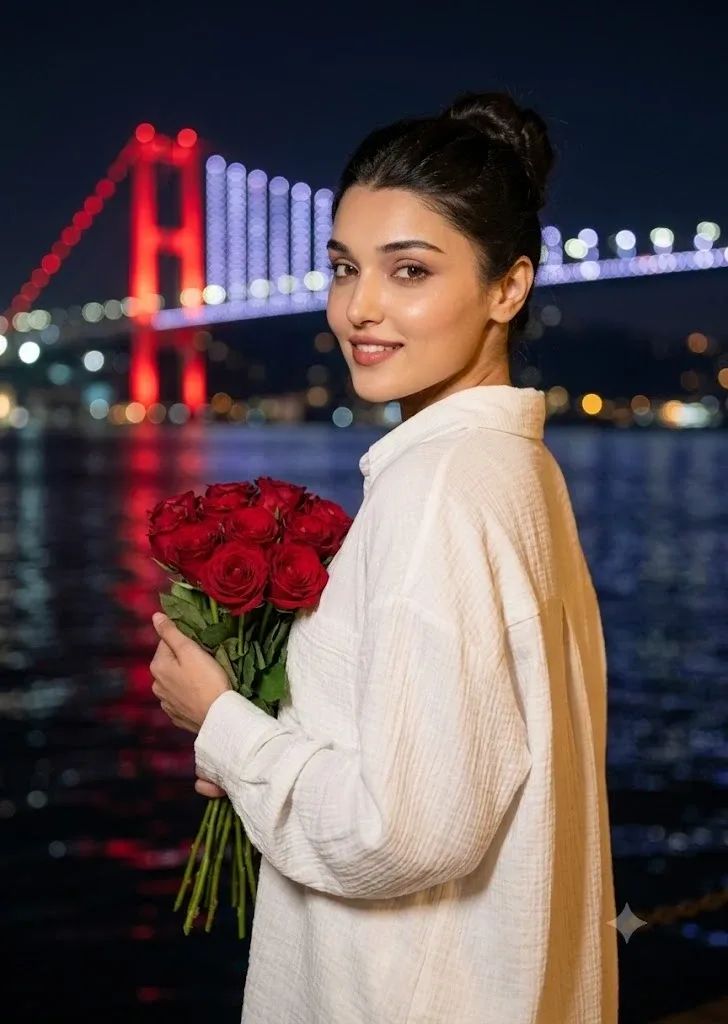 Night Waterfront Editorial Portrait - AI prompt example for Gemini and Midjourney