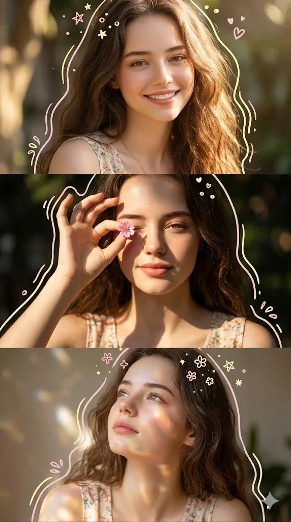 Aesthetic Girl 3Panel Collage Doodle Portrait Style