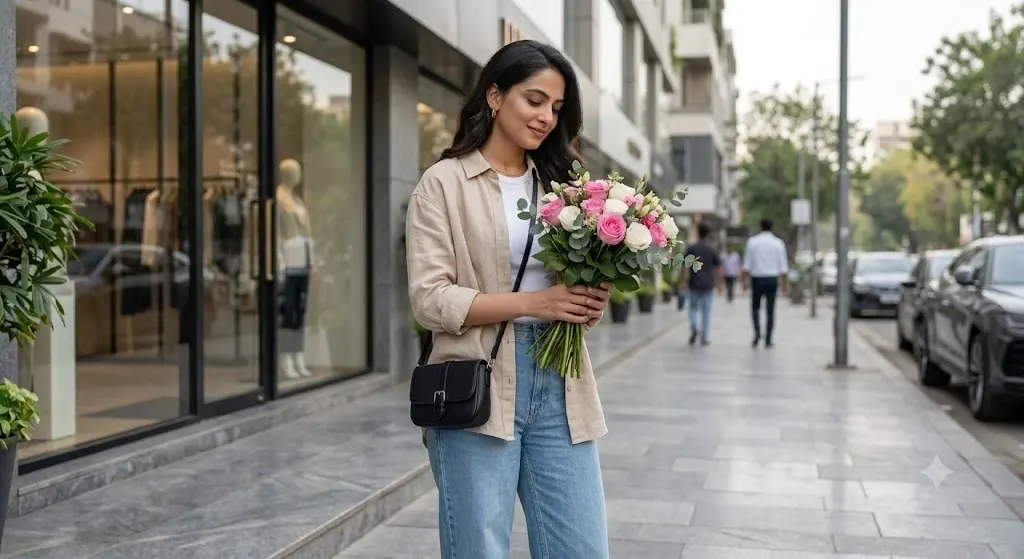 Luxury Flower Bouquet Street Portrait - AI prompt example for Gemini and Midjourney