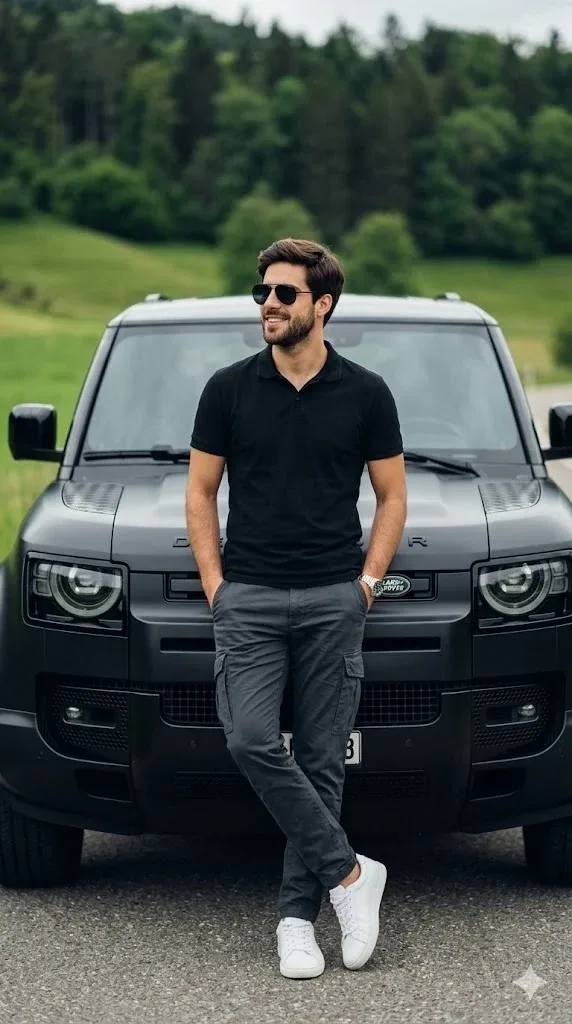 Man with Defender Car