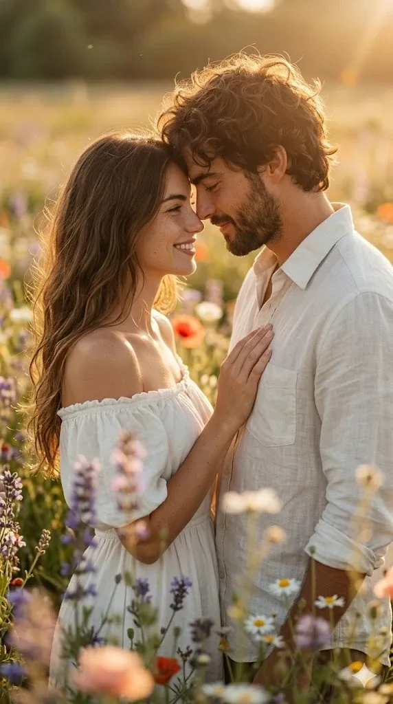 romantic couple flower field golden hour portrait