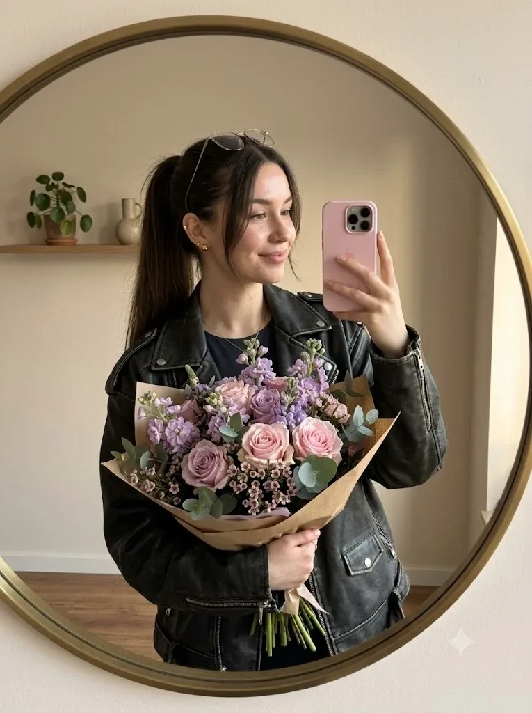 Bouquet Mirror Selfie Editorial - AI prompt example for Gemini and Midjourney