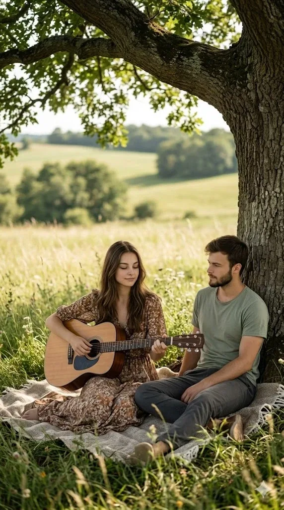 Romantic Couple Countryside Portrait Under Tree with Guitar