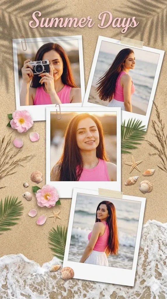 Pink Beach Girl Polaroid Collage Aesthetic Style