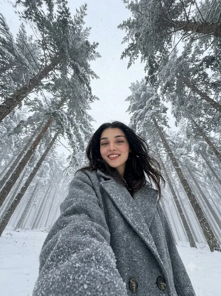 Snow Forest Ultra-Wide Selfie Editorial - AI prompt example for Gemini and Midjourney