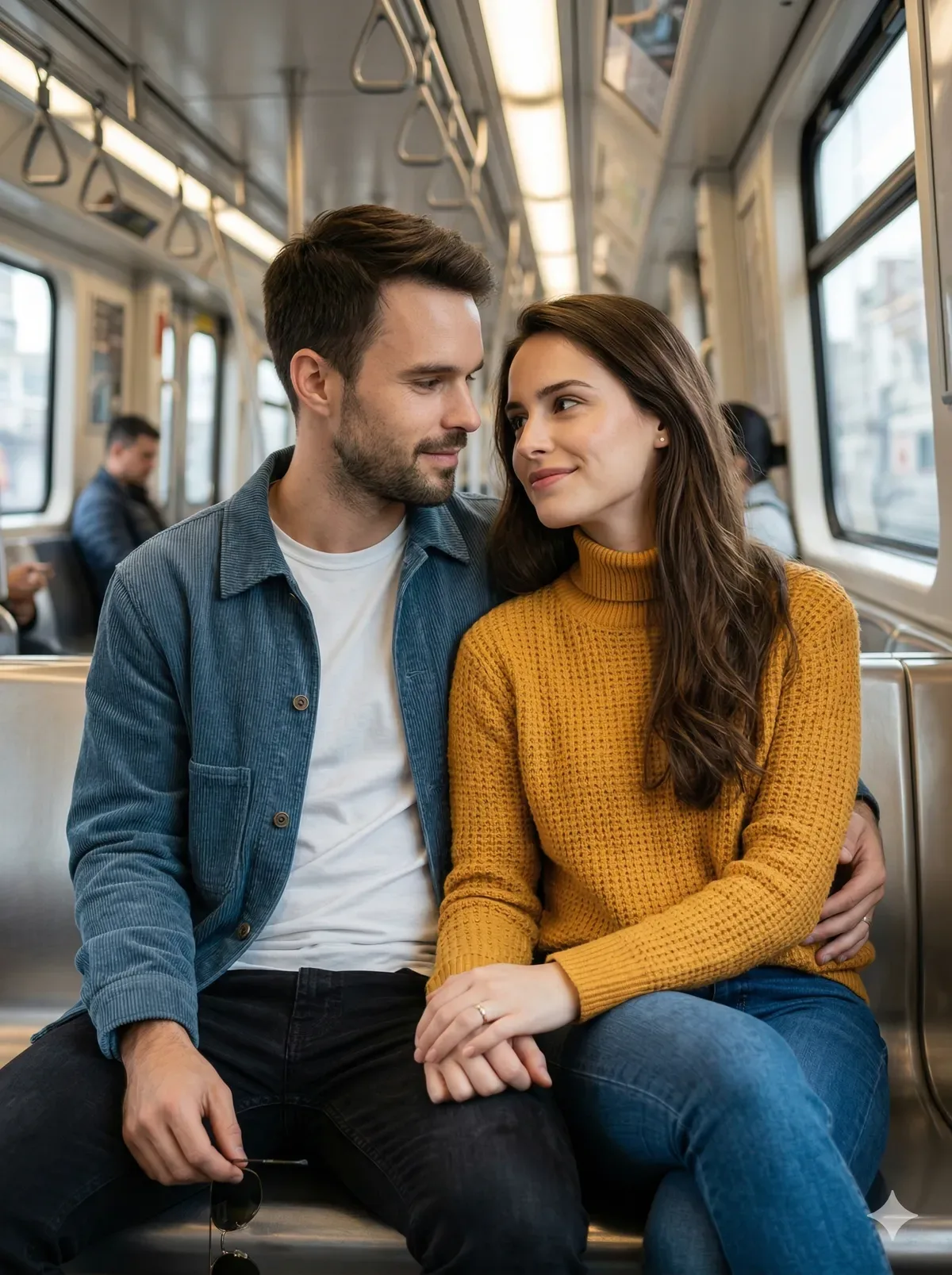 face to face metro train couple pose