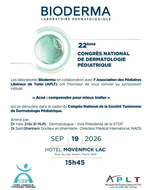 L'Association des Pédiatres Libéraux de Tunis (APLT) et les laboratoires Bioderma ont l’honneur de vous convier au symposium intitulé : « Acné : comprendre pour mieux traiter »