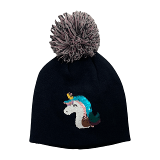 GORRO INFANTIL C/ POMPON "UNICORNIO" DE LENTEJUELAS - Color: Negro