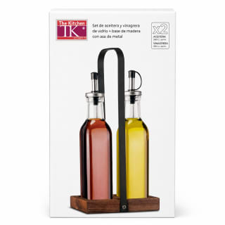 SET ACEITERA + VINAGRERA BASE MADERA C/ ASA METALICA