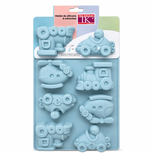 MOLDE DE SILICONA 6 VEHICULOS 28,5 X 17,5 X 3CM - Color: Celeste