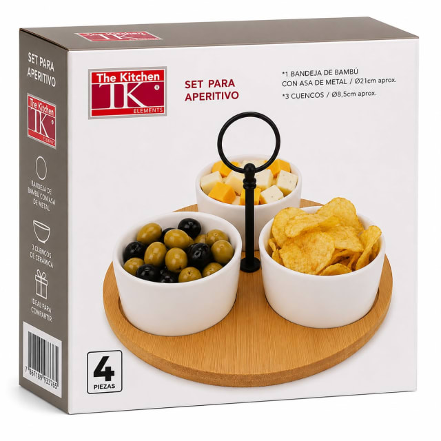 SET P/ PICADA BANDEJA DE BAMBOO C/ ASA METALICA + 3 CUENCOS