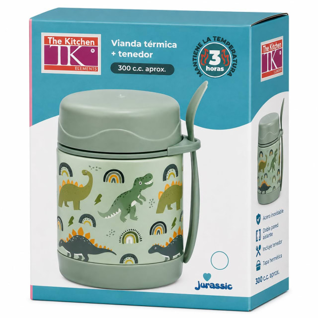 VIANDA TERMICA INFANTIL + TENEDOR 300CC - Diseño: Dinosaurio