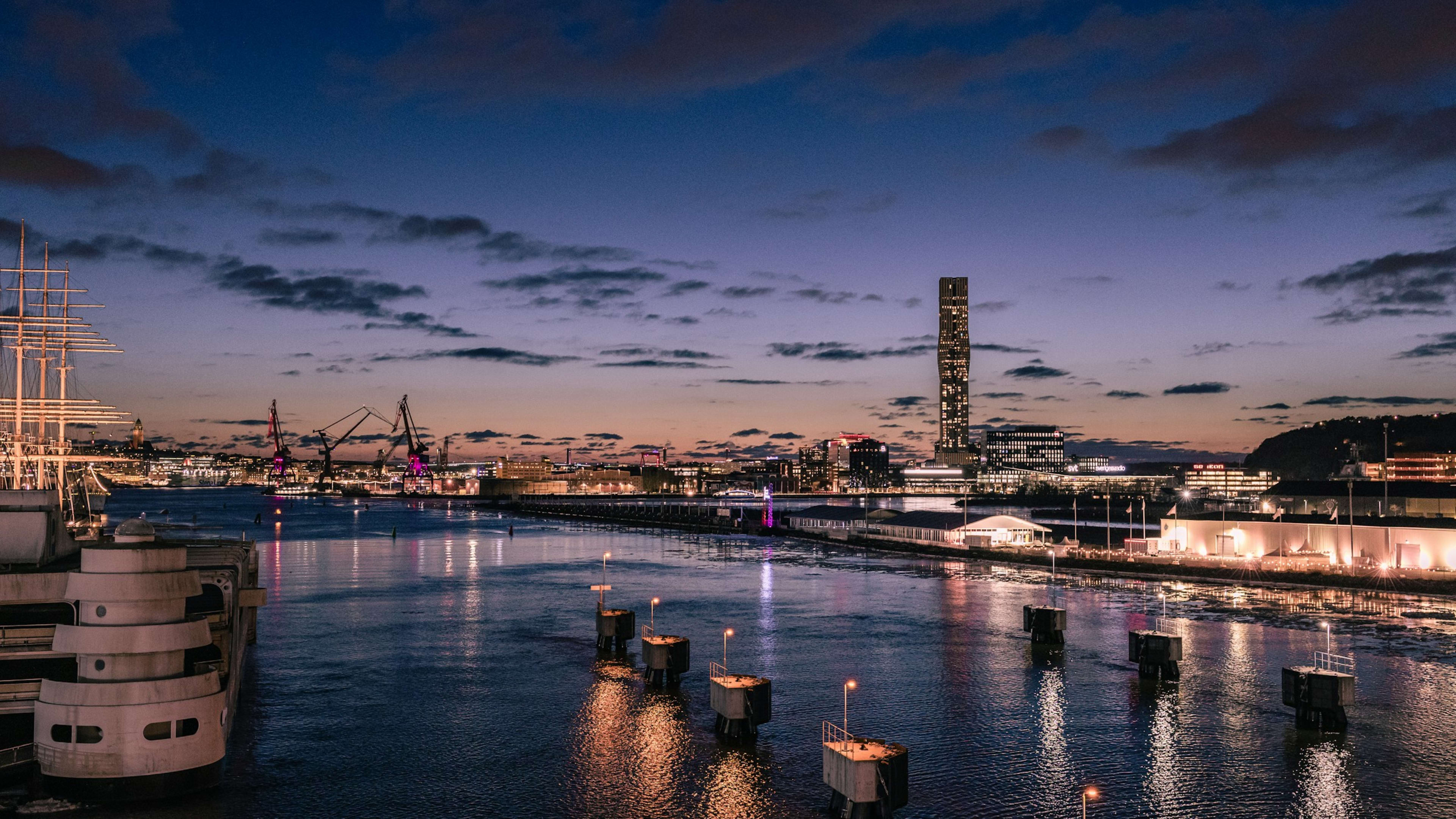 Gothenburg commercial waterfront at dusk