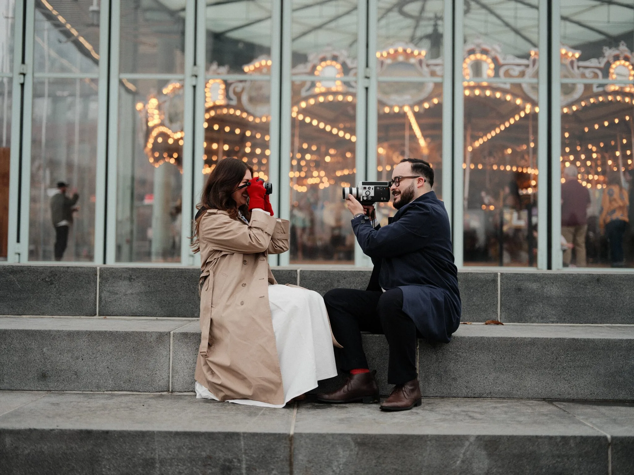 Alfredo and Lexi on the Brooklyn Bridge in morning fog