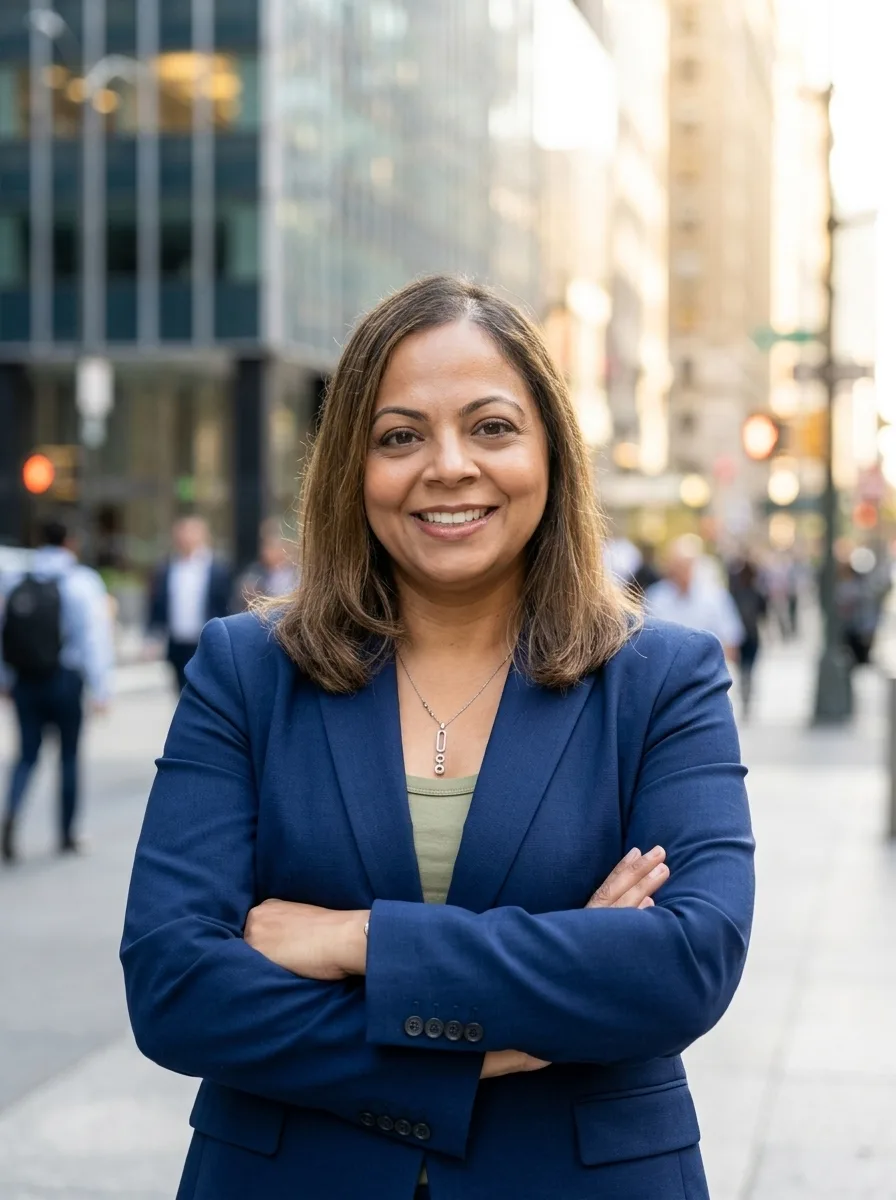 Jasmine Ahmed in a blue blazer on a city street