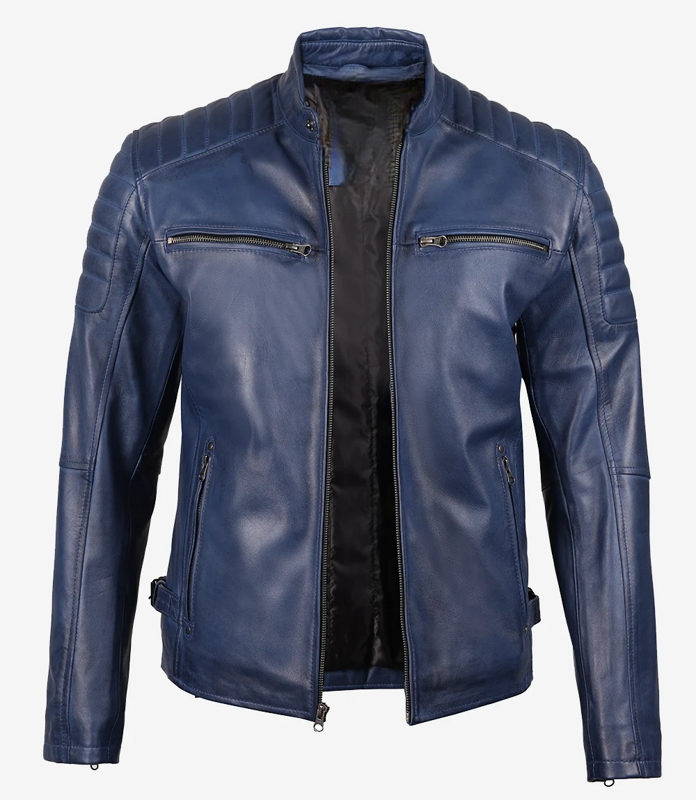 Men's Navy Blue Leather Biker Jacket | OuterMark