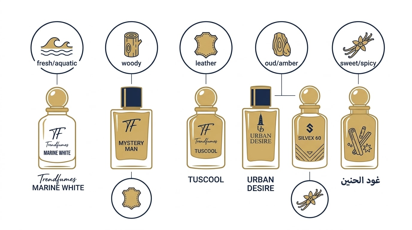 Fragrance families chart: fresh, woody, leather and oud