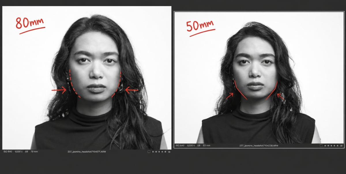 Side-by-side portrait comparison showing 79mm focal length on the left and 53mm on the right, same subject, same setup, with marker notes highlighting the differences in face shape and definition