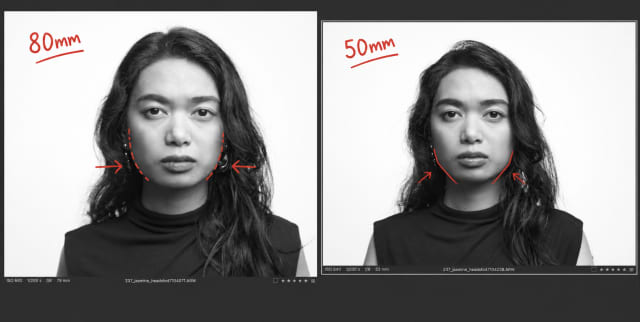 Side-by-side portrait comparison showing 79mm vs 53mm focal length on the same subject