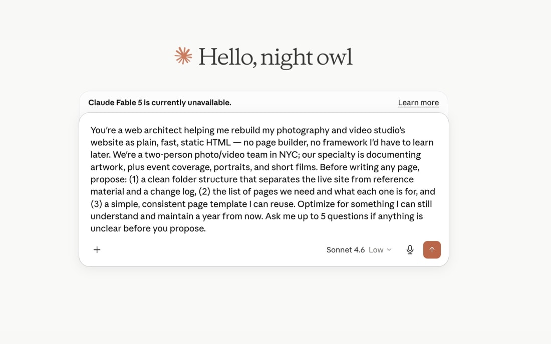 An example prompt used to build The Lightroom Studio website with Claude