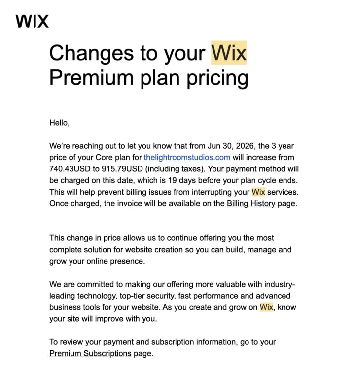 Wix renewal email showing a Core plan price increase from $740.43 to $915.79 for thelightroomstudios.com