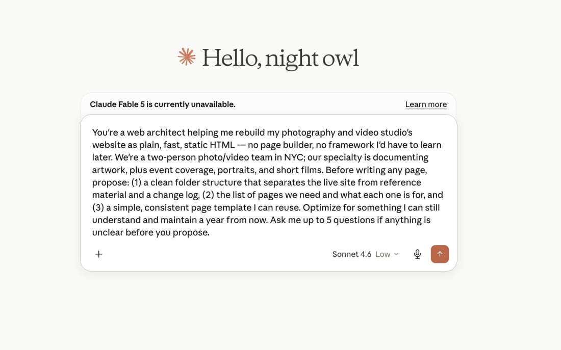 An example plain-English prompt used to build a studio website with AI