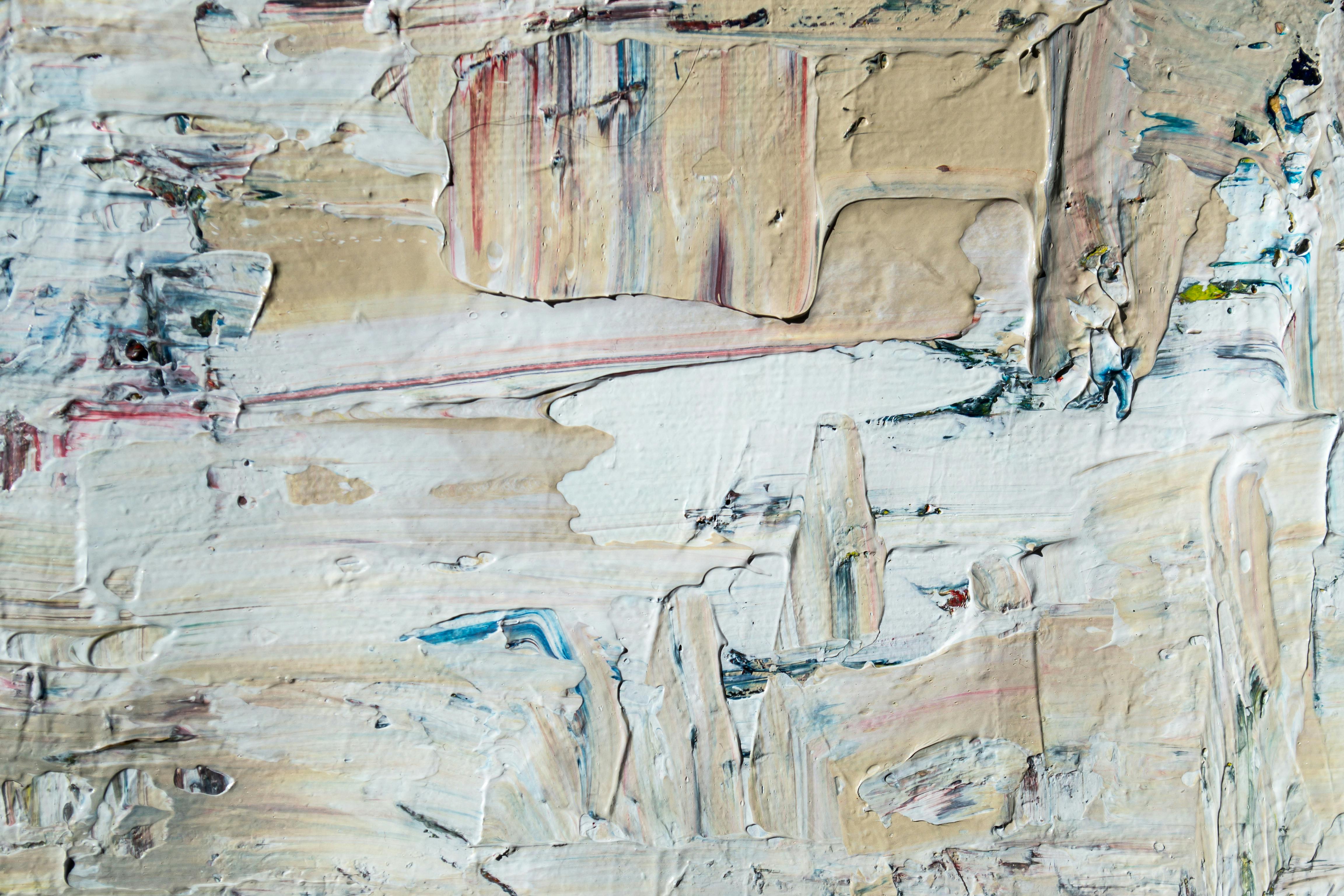 Abstract impasto painting with thick oil paint texture in white and cream colors demonstrating the challenge of capturing dimensional surface in art digitization