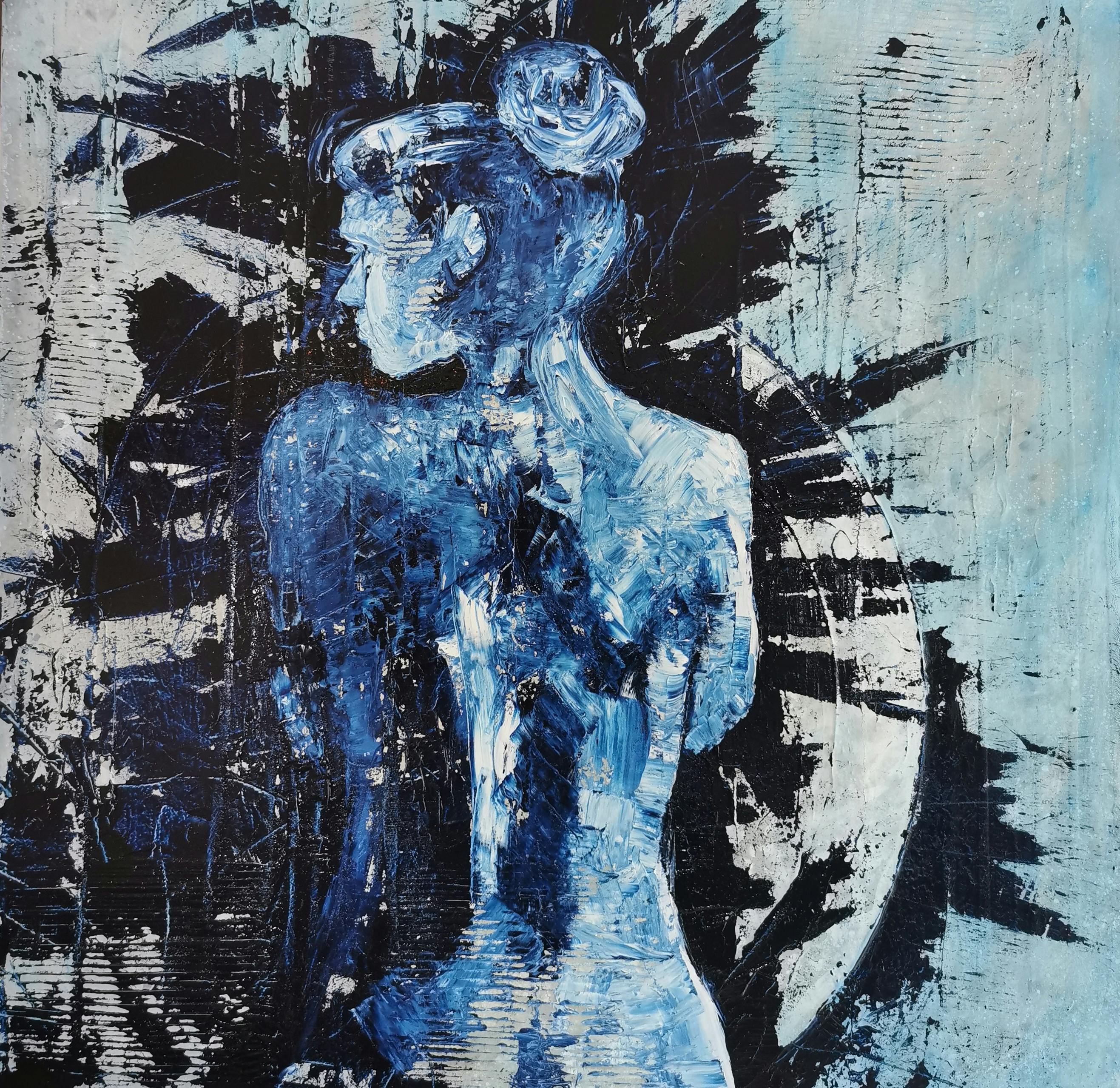 Abstract figurative painting in blue and white with visible texture demonstrating the importance of proper lighting and resolution in capturing painterly technique