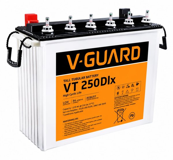 V-Guard VT250DLX   Inverter Battery | Tubular Technology | High Backup Performance | 48 Month +24 Month Warranty | Tubular Plate Technology| High Backup Performance|