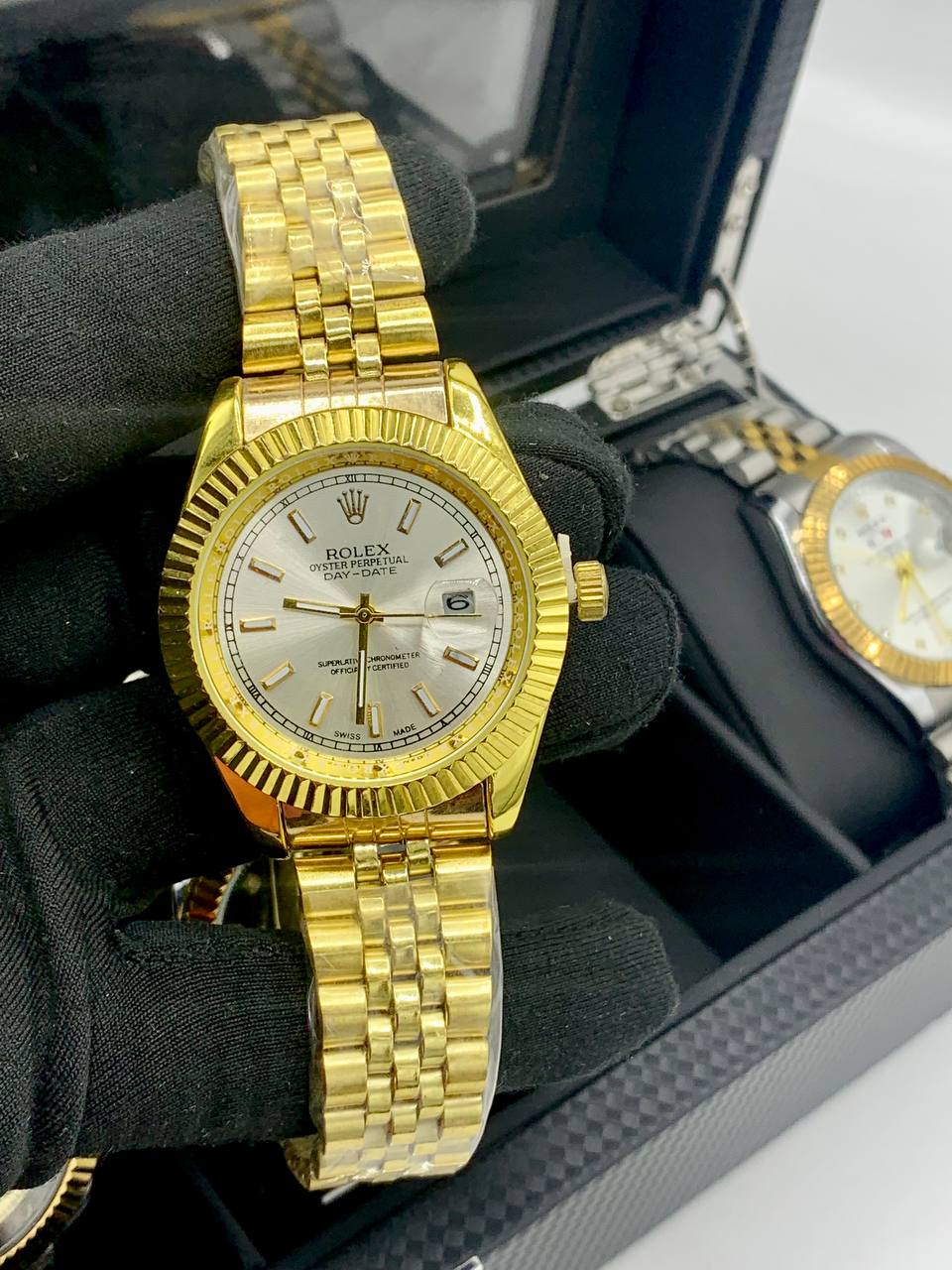 Rolex Day-Date (two-tone style with black dial and fluted bezel) 4