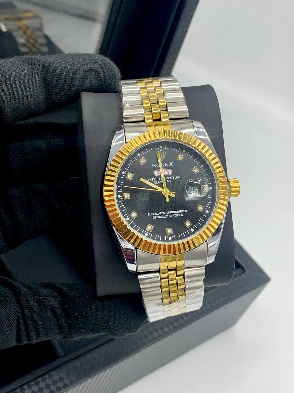 Rolex Day-Date (two-tone style with black dial and fluted bezel) 8