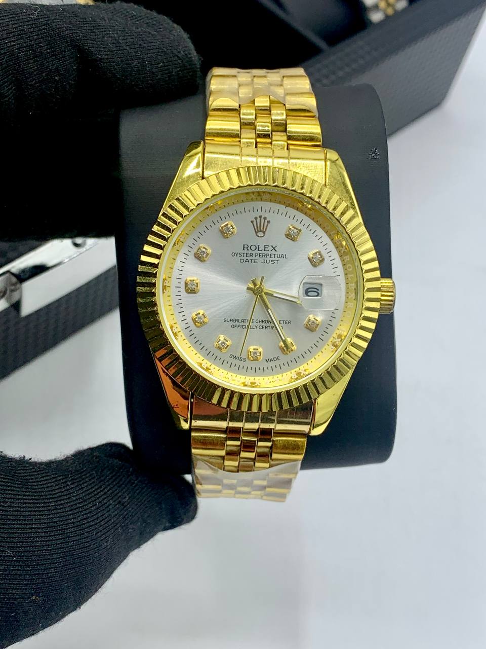 Rolex Day-Date (two-tone style with black dial and fluted bezel) 7