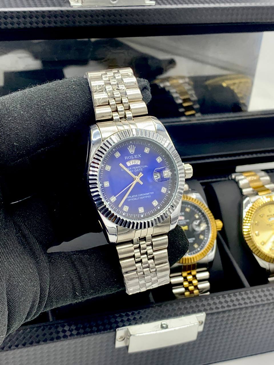 Rolex Day-Date (two-tone style with black dial and fluted bezel) 3