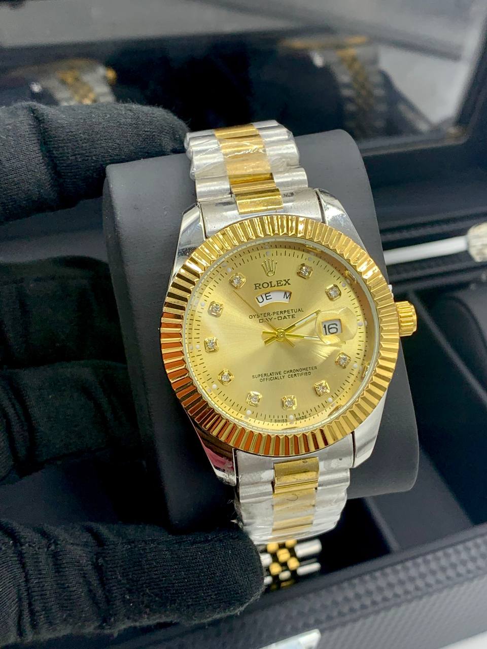 Rolex Day-Date (two-tone style with black dial and fluted bezel) 6