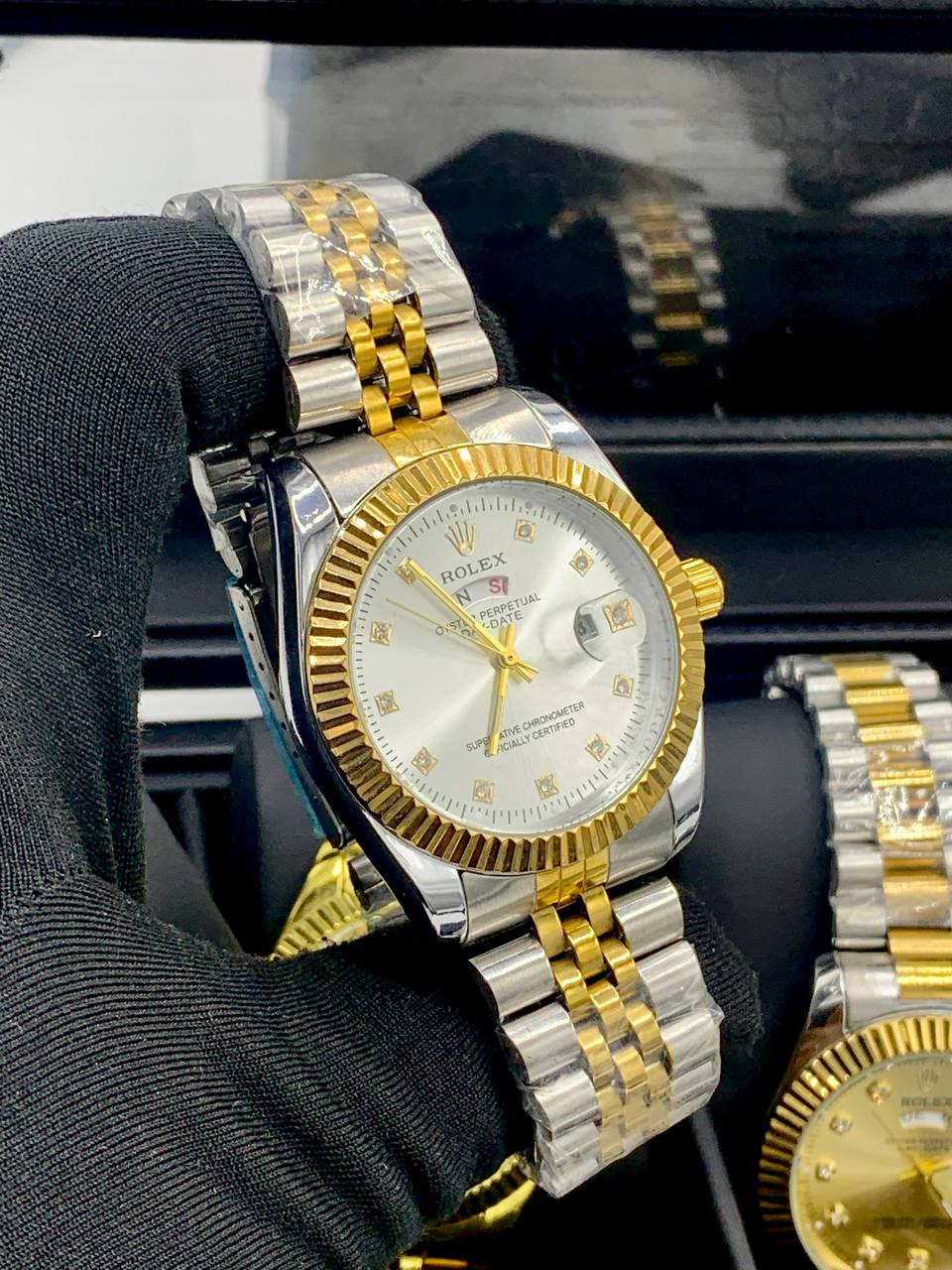 Rolex Day-Date (two-tone style with black dial and fluted bezel) 5