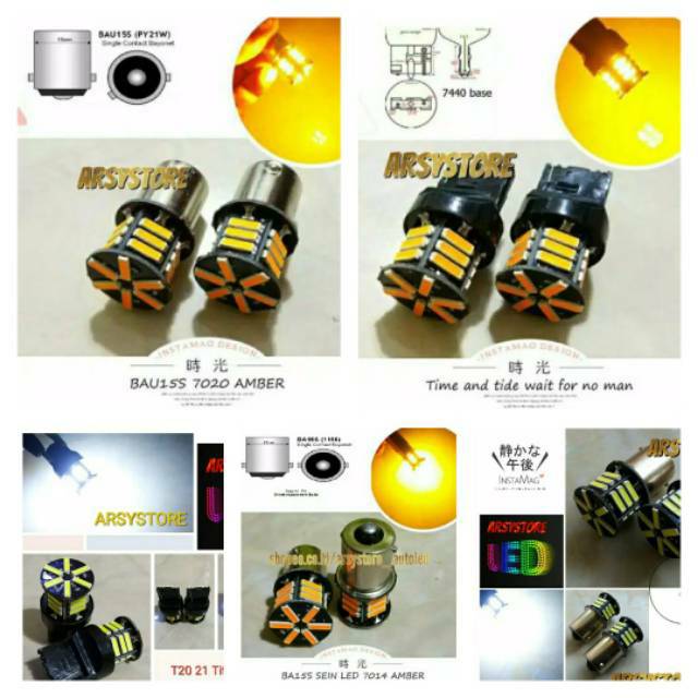 Lampu Sein Sen LED 7014 21 mata BA15S BAU15S T20 Bayonet Kuning Amber Mobil