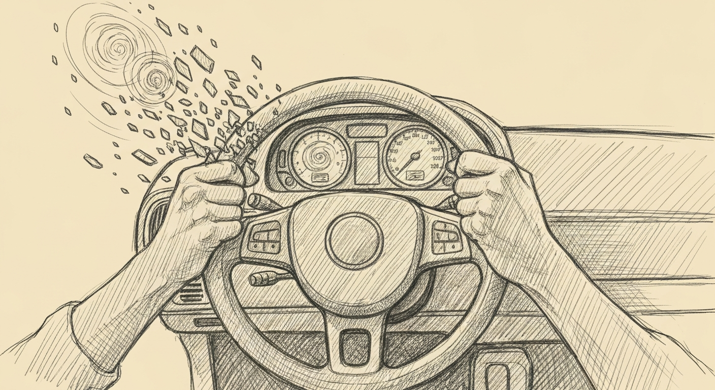 Editorial sketch of hands gripping a dissolving steering wheel with wildly spinning dashboard gauges