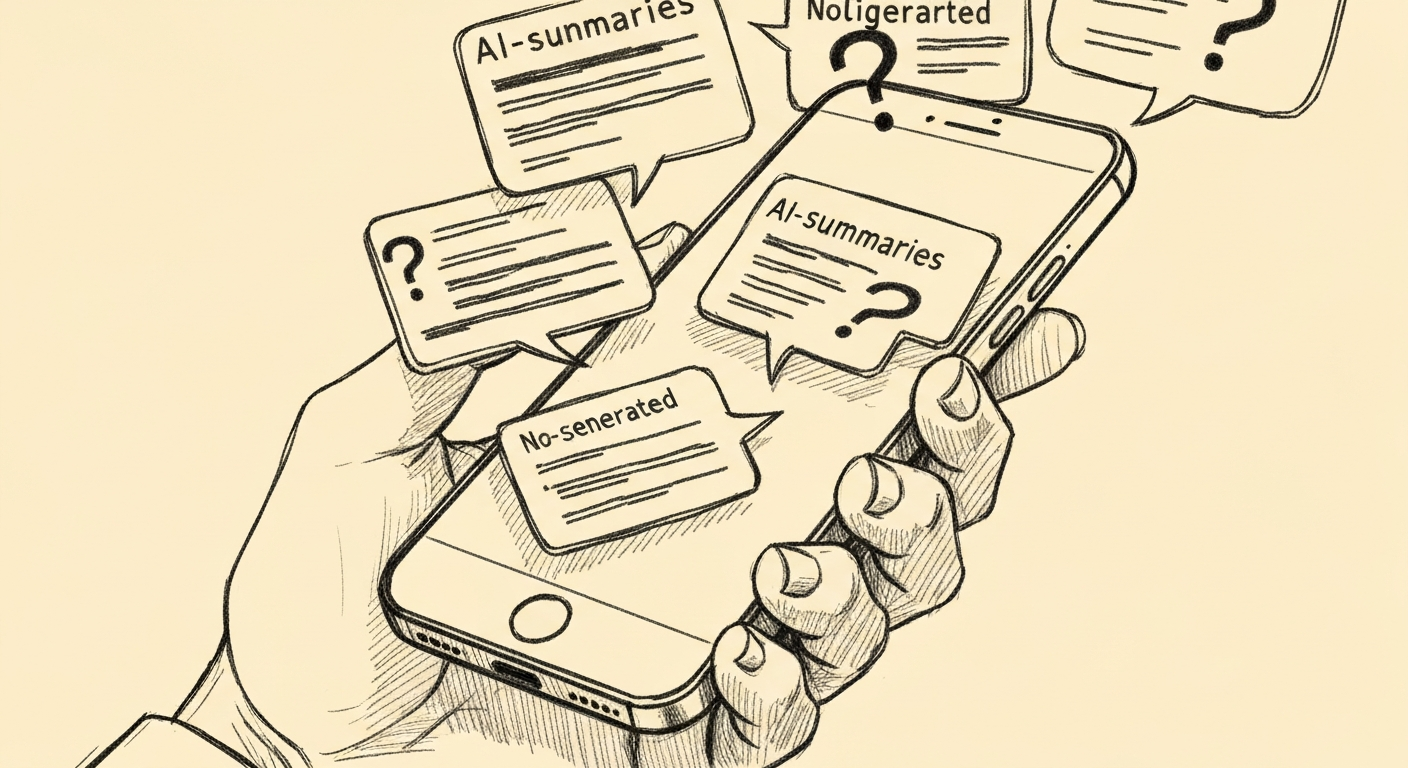 Editorial sketch of a hand holding a smartphone with overlapping notification bubbles showing fragmented AI-generated text and question marks