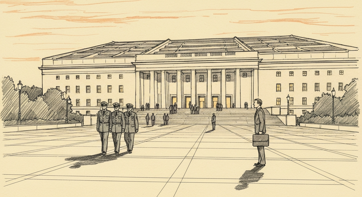 Editorial sketch of Pentagon building exterior at dusk with military officers entering and a civilian figure standing aside, illustrating the tension between the defense establishment and the technology sector