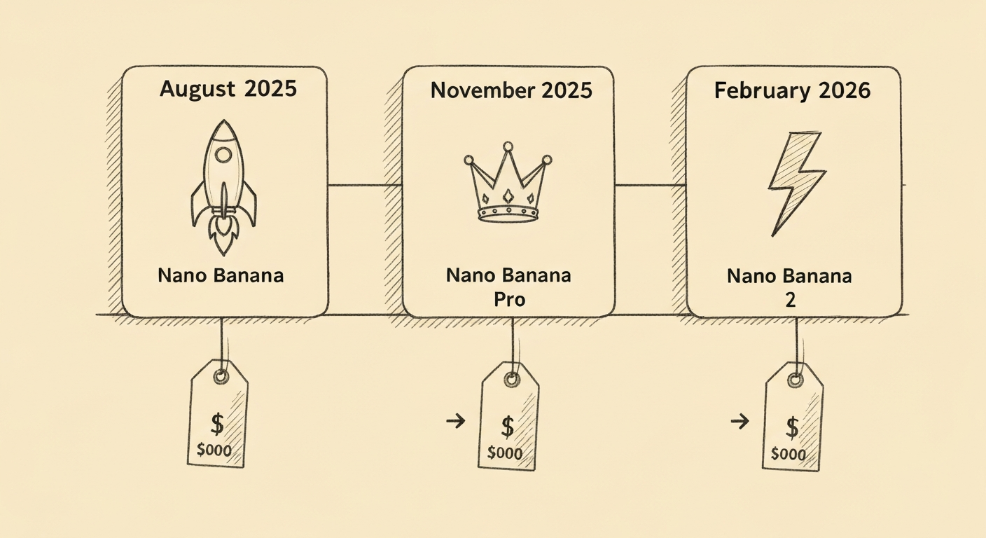 Editorial sketch timeline of three Nano Banana model generations: Nano Banana August 2025, Nano Banana Pro November 2025, and Nano Banana 2 February 2026, with decreasing price tags