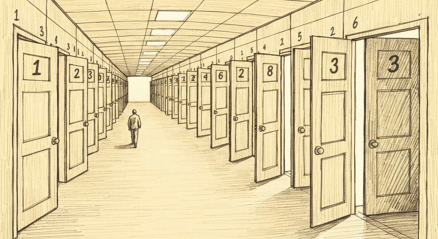 Editorial pencil sketch illustrating Mixture-of-Experts architecture: a hallway of numbered doors where only a few are open, representing selective expert activation in Qwen 3.5's 35B-A3B model