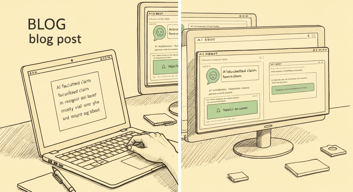Editorial sketch showing a split-screen of a blog post being written on a laptop alongside AI chatbot interfaces repeating a fabricated claim, with one AI showing a rejection